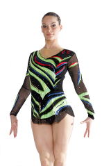 black mesh gymnastics with hologram green and details blue and red strips to decorate the leotard.