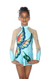 light blue leotards, gradiation blue sequins, orange and yellow 